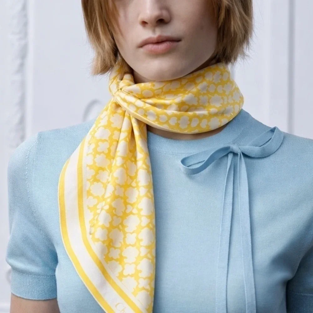 Christian Dior Cotton Scarf Yellow White Geometric Pattern Square Neckerchief